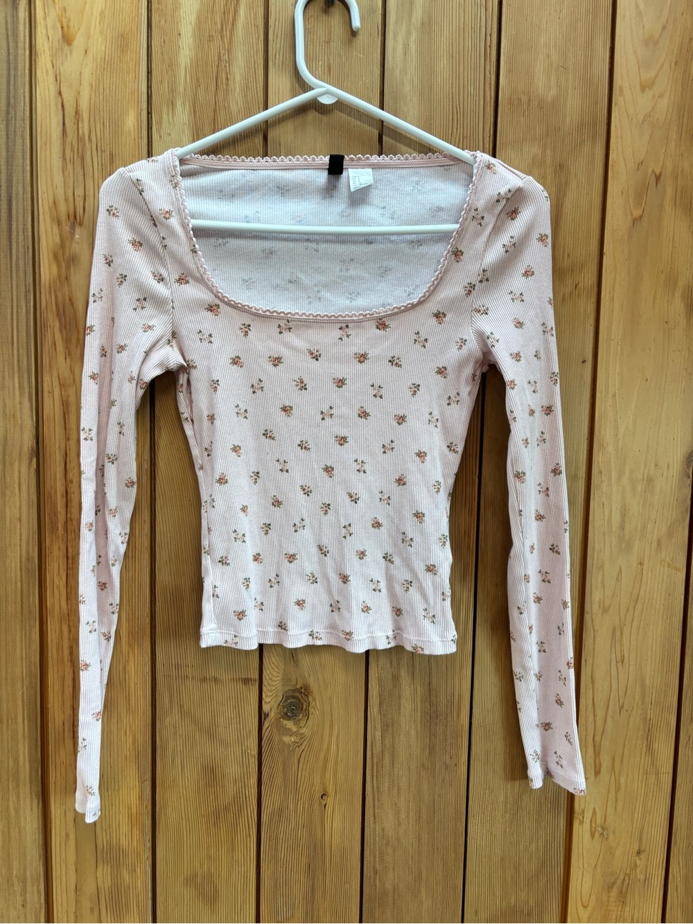 H&M Divided Pink Floral Square Neck Crop Top Ribbed Long Sleeve Lace Trim Size S